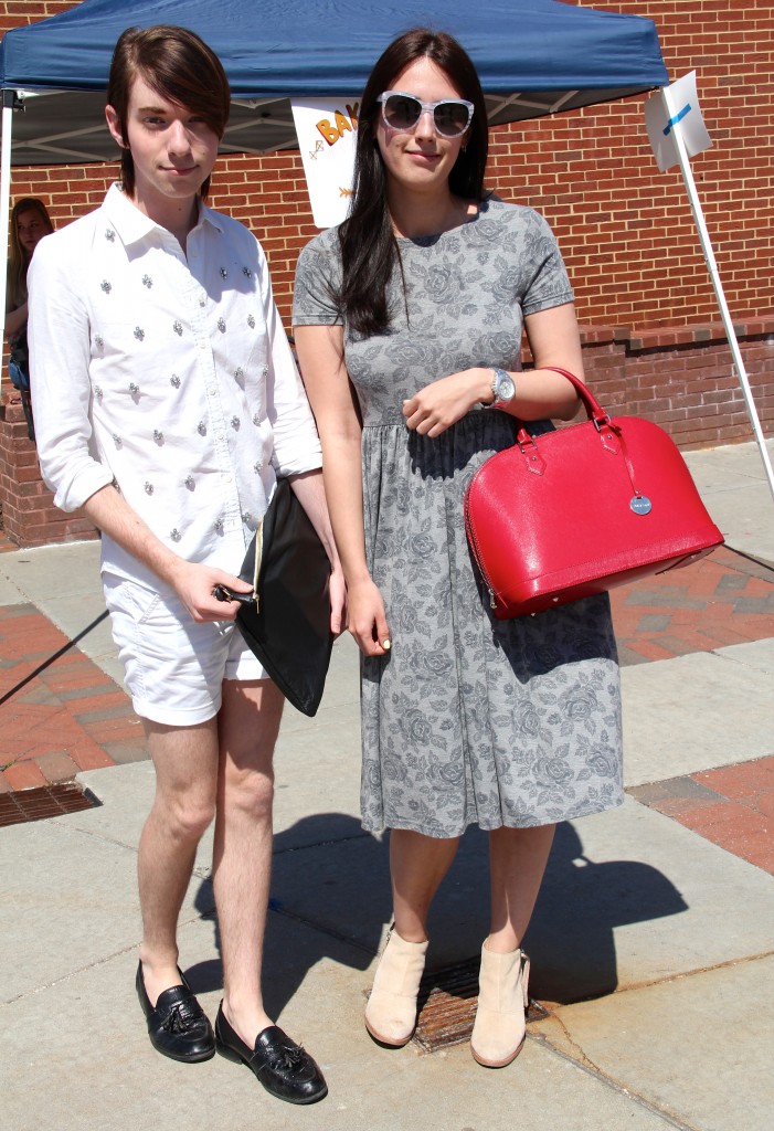 Lee Collie, Fashion Merchandising major, wearing a J Crew shirt and shorts, Macy's shoes, and an American Apparel bag. Anna Ivanytska, Fashion Merchandising major, wearing an ASOS dress, Dolce Vita shoes, Pulicati bag, and D&G sunglasses.